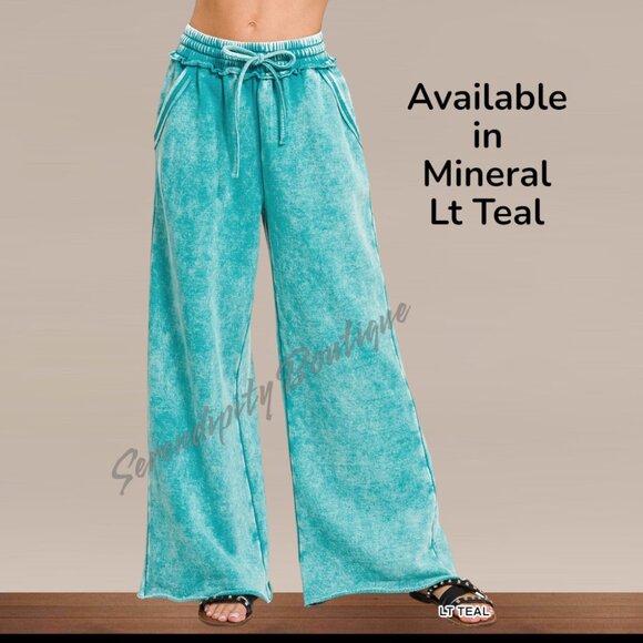 Comfy Mineral Wash Elastic High Waist Wide Leg Loose Fit Everyday Casual Pants - Picture 8 of 10